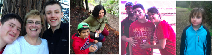 Collage of four photos of California families: a mother with two young men, a smiling child in a red shirt, a mother hugging two boys, and a young girl.
