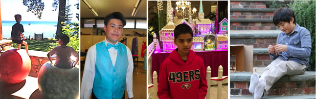 Collage of four photos of children: one at a playground, one in a vest and bow tie, one in a 49ers shirt, and one sitting on a stone step.